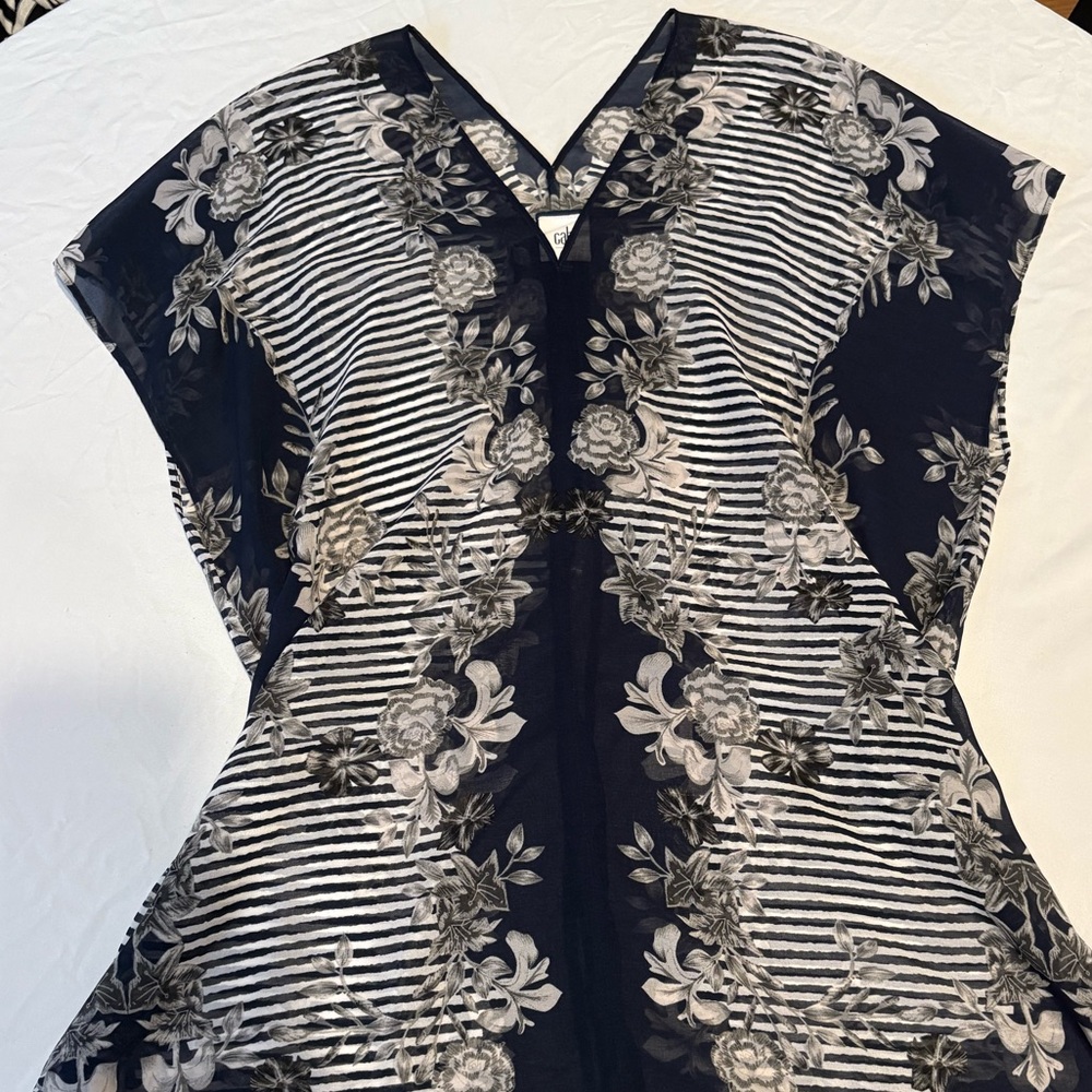 CAbi Navy and White Floral Striped Blouse